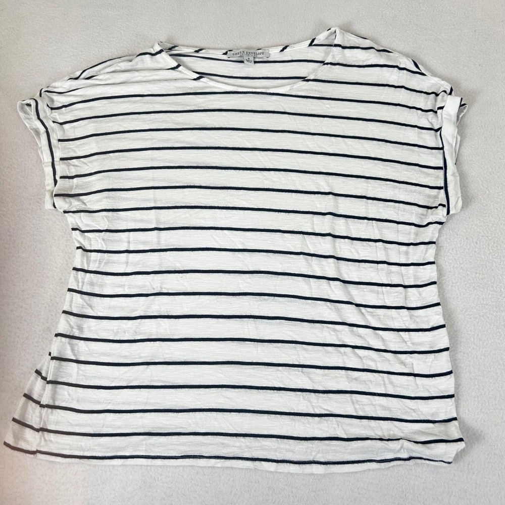 Green Envelope T-Shirt Women Small White Striped Nautical Casual Basic Top - Picture 9 of 11